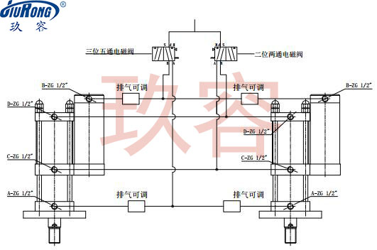 多個增壓缸多點(diǎn)鉚接機(jī)上的增壓缸同步動作連接原理圖